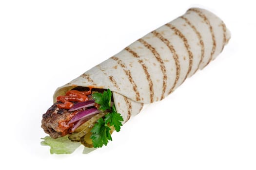 shawarma with bavarian sausage on a white background for food delivery site