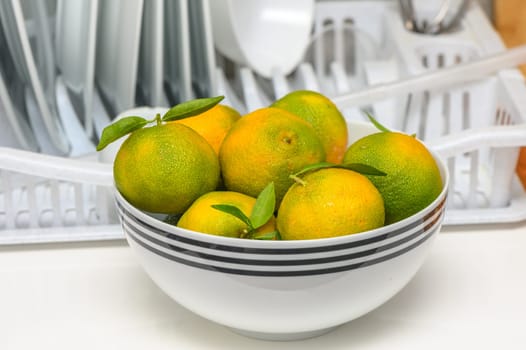 delicious fresh green-orange tangerines in a light plate 7