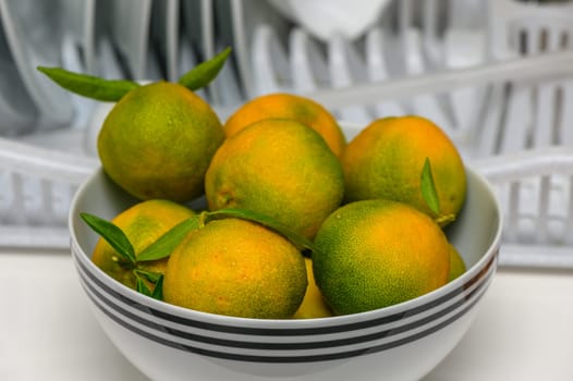 delicious fresh green-orange tangerines in a light plate 4