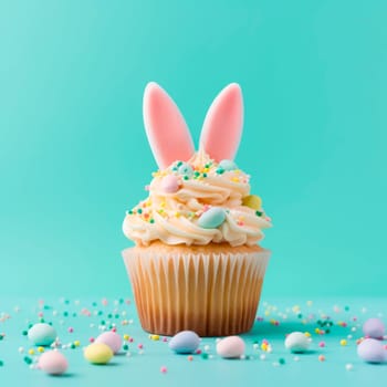 Easter cupcake with a decor in the form of an Easter bunny. High quality photo