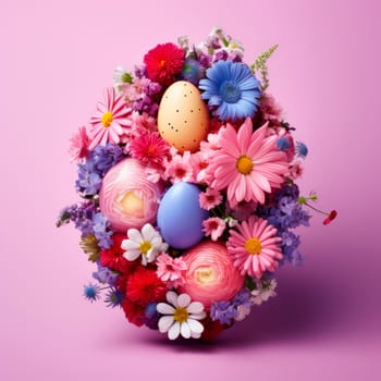 Easter creative composition with Easter eggs and spring flowers. High quality photo