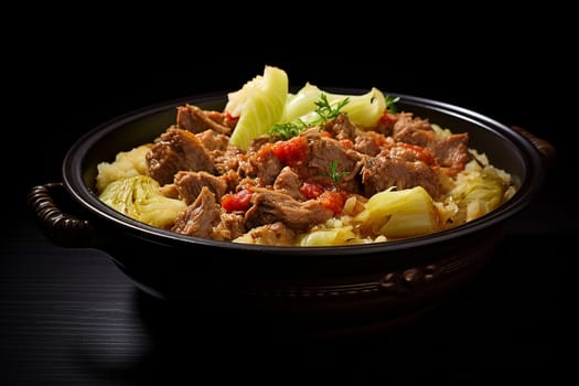 Cassoeula, traditional Lombardy dish with a stew made with pork meat and cabbage, often served with polenta. Italian seasonal comfort dish.