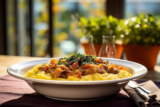 Cassoeula, traditional Lombardy dish with a stew made with pork meat and cabbage, often served with polenta. Italian seasonal comfort dish.