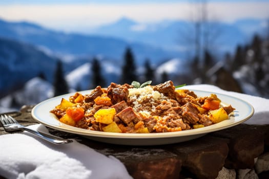 Cassoeula, traditional Lombardy dish with a stew made with pork meat and cabbage, often served with polenta. Italian seasonal comfort dish.