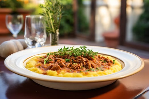 Cassoeula, traditional Lombardy dish with a stew made with pork meat and cabbage, often served with polenta. Italian seasonal comfort dish.