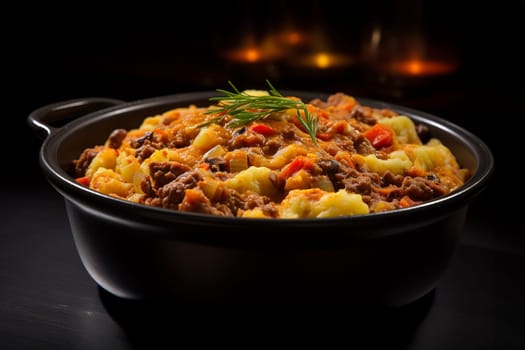 Cassoeula, traditional Lombardy dish with a stew made with pork meat and cabbage, often served with polenta. Italian seasonal comfort dish.