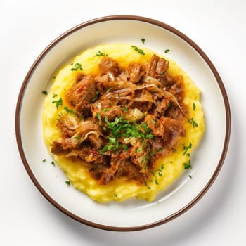 Cassoeula, traditional Lombardy dish with a stew made with pork meat and cabbage, often served with polenta. Italian seasonal comfort dish.