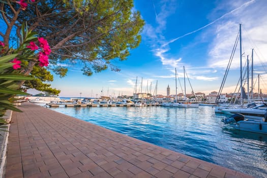 Historic town of Rab towers and sailing harbor view, archipelago of Croatia, Dalmatia