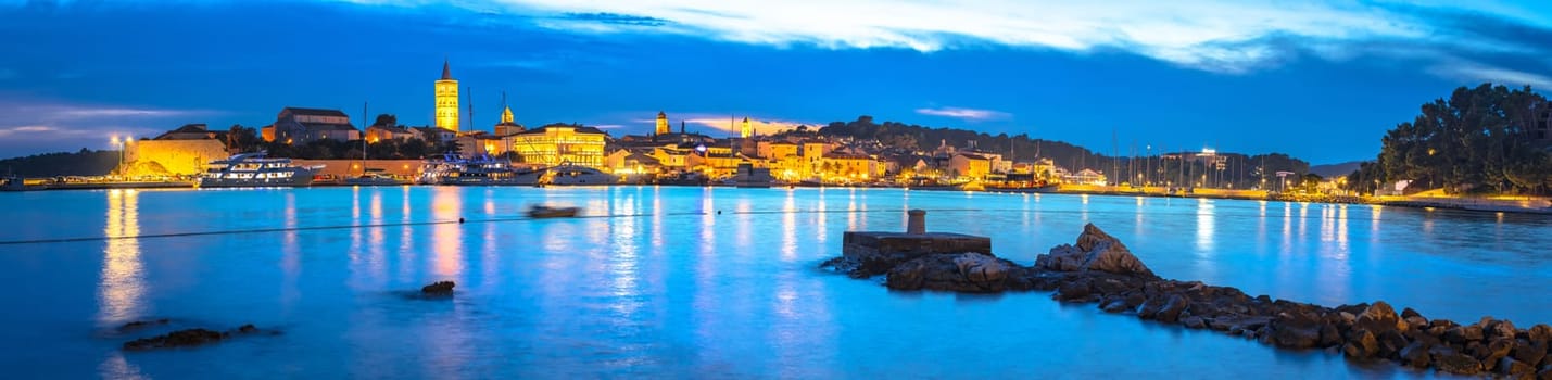 Historic town of Rab beach and architecture evening panoramic view, Island of Rab, Adriatic archipelago of Croatia