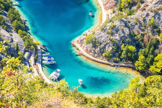 Zavratnica bay fjord under Velebit mountain aerial summer view, scenic archipelago of Croatia