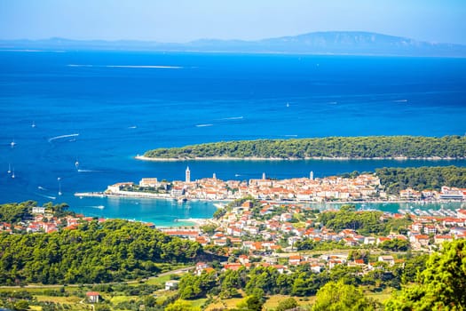 Town of Rab and Adriatic archipelago panoramic view from the hill, Croatia