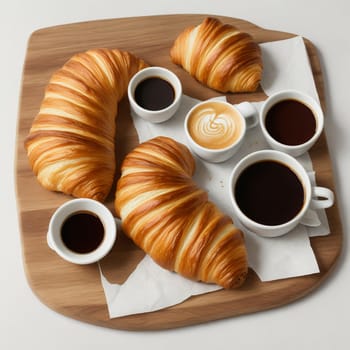 Freshly baked croissants on a wooden board next to a cup of hot coffee on a white background