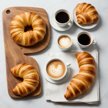 Freshly baked croissants on a wooden board next to a cup of hot coffee on a white background