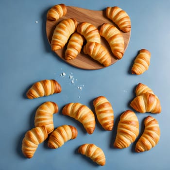 Freshly baked croissants on a wooden board next to a cup of hot coffee on a blue background