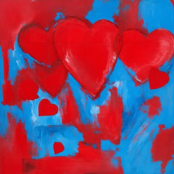 abstraction of red hearts on a bright blue background