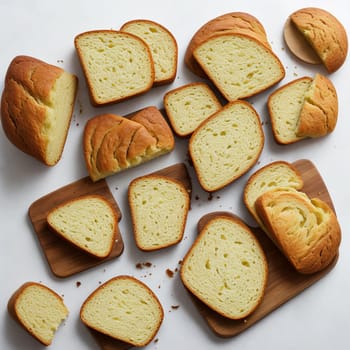 Sliced fresh bread, highlighted on a white background, homemade cakes