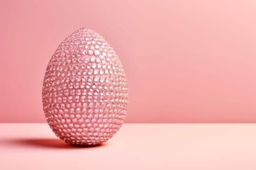 Glamorous shiny Easter egg in rhinestones and glitter. Pink egg on a pink background.