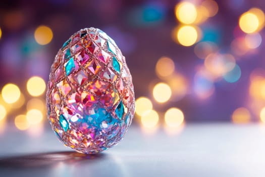 Glamorous shiny Easter egg in rhinestones and glitter on a neon background. Creative background.