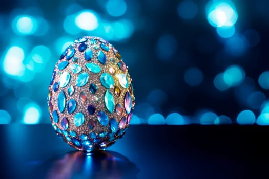 Glamorous shiny Easter egg in rhinestones and glitter on a neon background. Creative background.