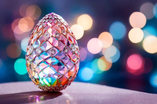 Glamorous shiny Easter egg in rhinestones and glitter on a neon background. Creative background.