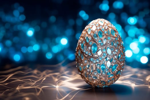 Glamorous shiny Easter egg in rhinestones and glitter on a neon background. Creative background. High quality photo