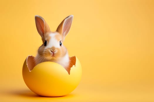 A cute Easter bunny is sitting in the shell of an Easter egg. High quality photo