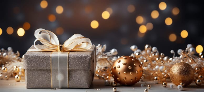 Christmas and New Year background - gift boxes and toys on a background of bokeh garlands.