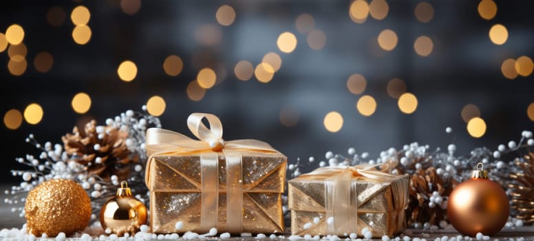 Christmas and New Year background - gift boxes and toys on a background of bokeh garlands.