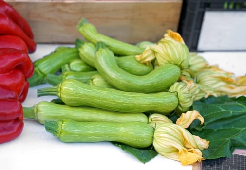 Nice. French market. Fresh zucchini with flowers sold at the market