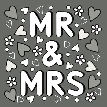 Wedding sign in a quirky, contemporary, cartoon style. Mr and Mr text in white on a grey background. Design contains hearts and flower confetti floating down round the word art. Modern artwork.