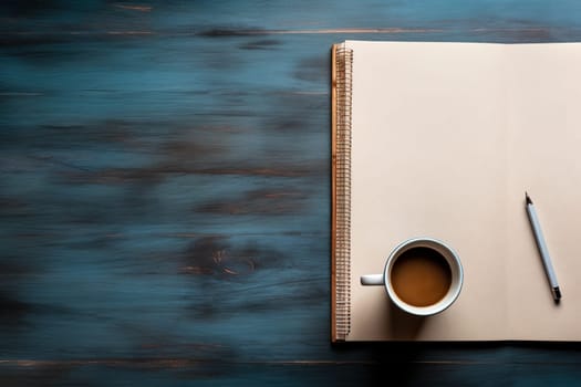 mockup, notebook, coffee cup, wooden desk, generative ai