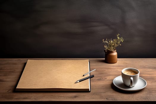 mockup, notebook, coffee cup, wooden desk, generative ai