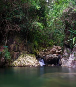 Long exposure photo featuring smooth rocks in a stream, silky water flowing into a serene pond under a dense tropical rainforest.