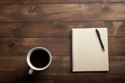 mockup, notebook, coffee cup, wooden desk, generative ai