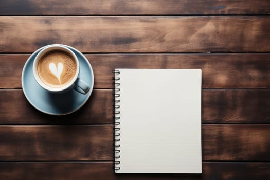 mockup, notebook, coffee cup, wooden desk, generative ai