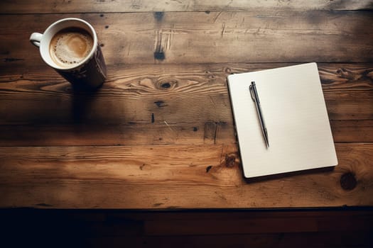 mockup, notebook, coffee cup, wooden desk, generative ai