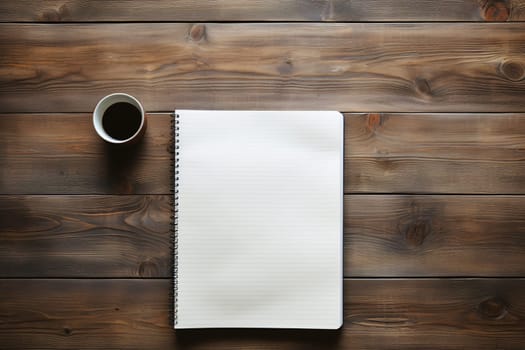 mockup, notebook, coffee cup, wooden desk, generative ai