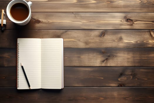 mockup, notebook, coffee cup, wooden desk, generative ai