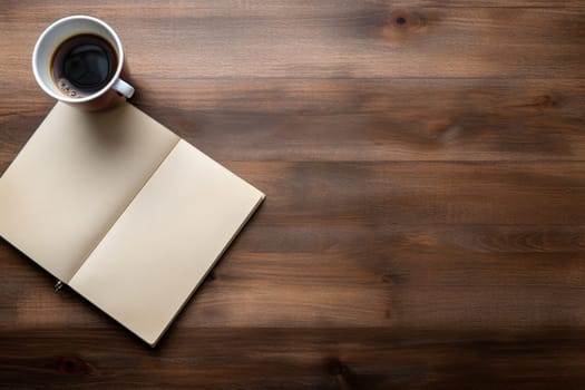 mockup, notebook, coffee cup, wooden desk, generative ai