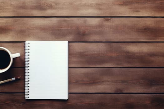 mockup, notebook, coffee cup, wooden desk, generative ai