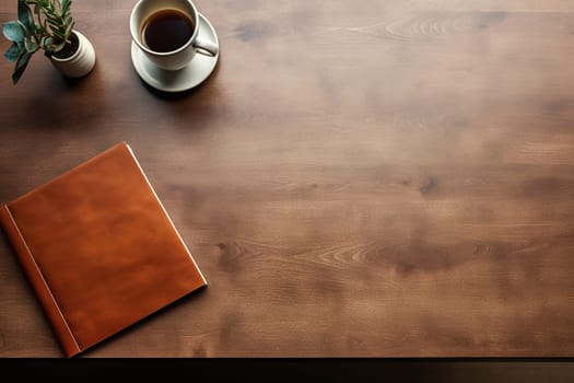 mockup, notebook, coffee cup, wooden desk, generative ai