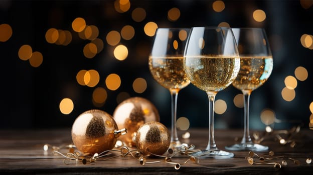 Wine Glasses, Golden Confetti and Decorative Balls on a Stylish Dark Background with copy space. Christmas and New Year Cincept.