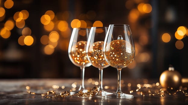 Wine Glasses, Golden Confetti and Decorative Balls on a Stylish Dark Background with copy space. Christmas and New Year Cincept.