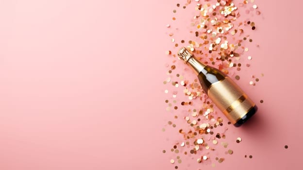 Top view of Champagne Bottle, Golden Confetti, and Decorative Balls on a Stylish light pink Background, Flat Lay Arrangement. with copy space