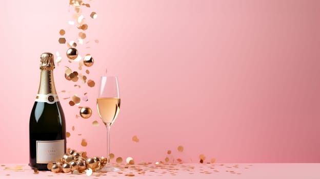 Top view of Champagne Bottle, Golden Confetti, and Decorative Balls on a Stylish light pink Background, Flat Lay Arrangement. with copy space