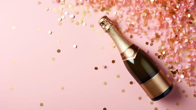 Top view of Champagne Bottle, Golden Confetti, and Decorative Balls on a Stylish light pink Background, Flat Lay Arrangement. with copy space