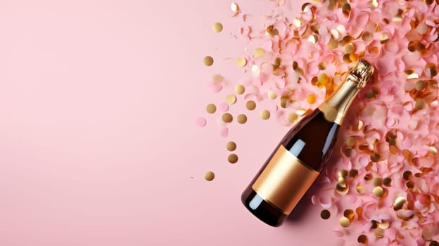 Top view of Champagne Bottle, Golden Confetti, and Decorative Balls on a Stylish light pink Background, Flat Lay Arrangement. with copy space