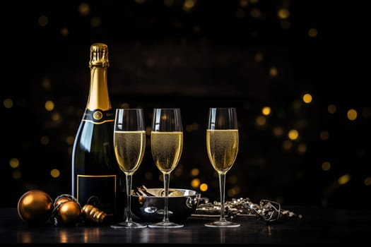 Premium Christmas Party Theme with Champagne Bottle, Wine Glasses, Golden Confetti, and Decorative Balls on a Stylish Dark Background. Lavish Flat Lay Arrangement with copy space.