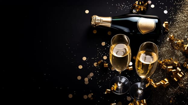 Premium Christmas Party Theme with Champagne Bottle, Wine Glasses, Golden Confetti, and Decorative Balls on a Stylish Dark Background. Lavish Flat Lay Arrangement with copy space.