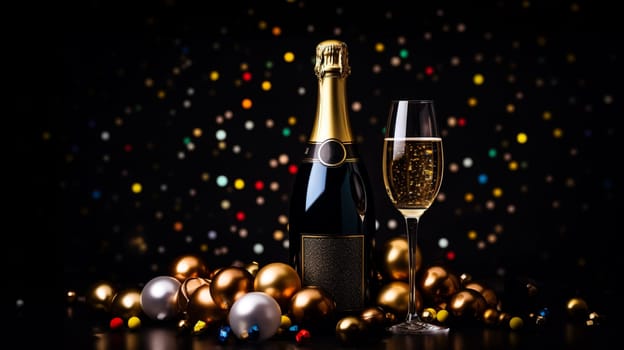 Premium Christmas Party Theme with Champagne Bottle, Wine Glasses, Golden Confetti, and Decorative Balls on a Stylish Dark Background. Lavish Flat Lay Arrangement with copy space.